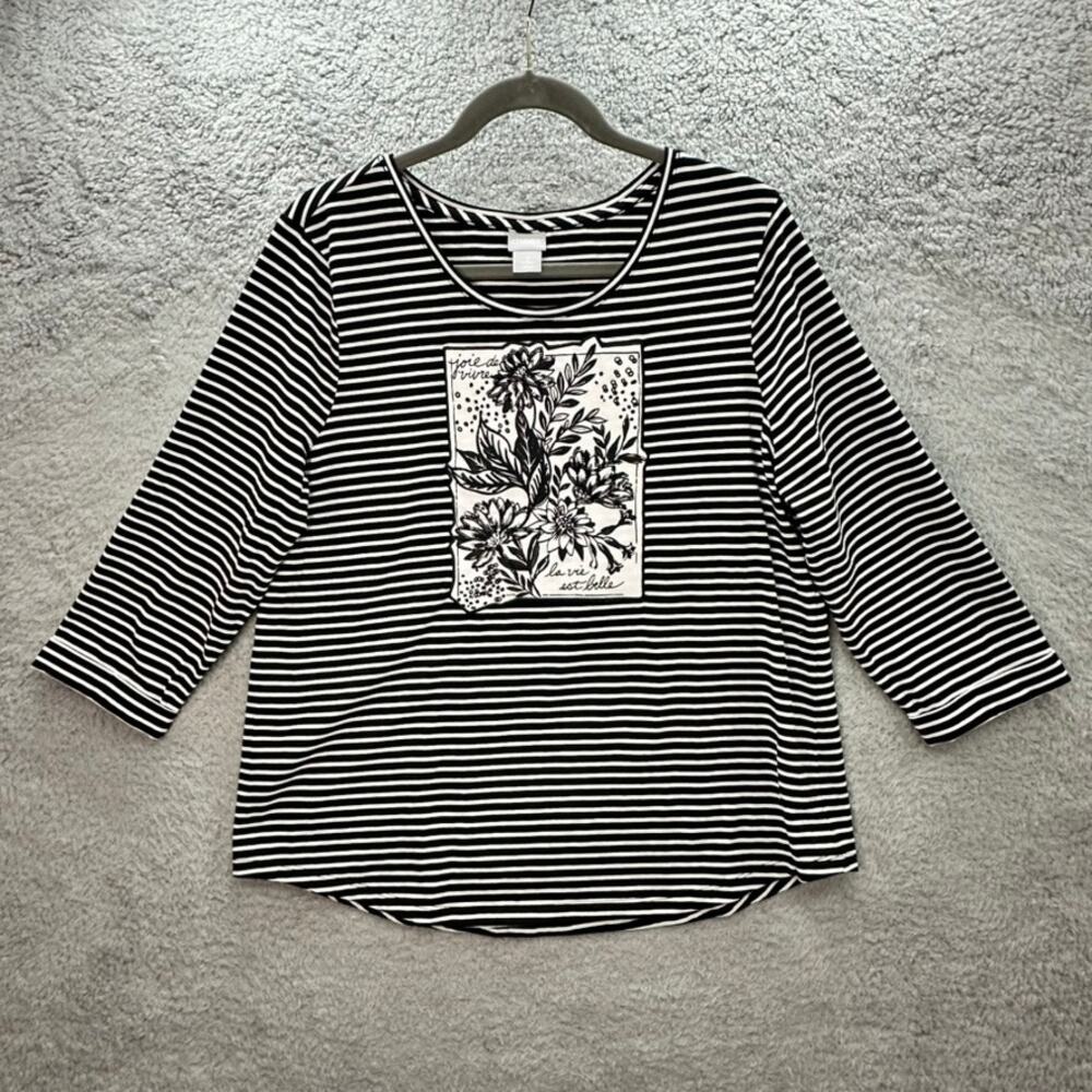 Chico's Size 2 Top Black White Striped Embroidered Floral Design Joie De Vivre - Picture 7 of 10
